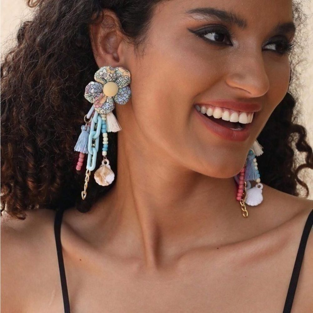 Colorful Bohemian Cloth Flower Tassel Chain Bead Summer Vacation Earrings